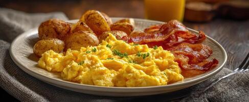 The scrumptious breakfast plate featuring fluffy scrambled eggs, crispy bacon, and roasted potatoes. photo