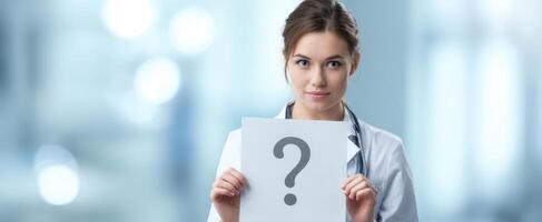 The doctor holding a question mark sign in a medical clinic setting. photo