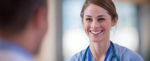 The friendly healthcare professional engaging warmly with a patient in a modern setting. photo