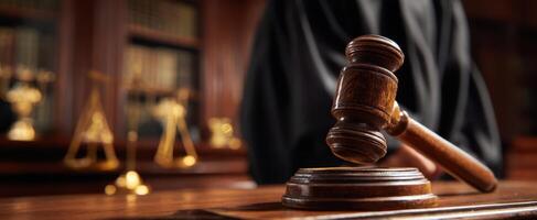 The gavel symbolizing justice in a traditional courtroom setting. photo