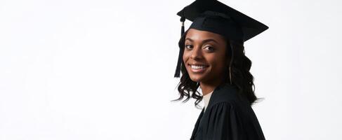 The smiling graduate celebrating her academic achievement with confidence and pride. photo