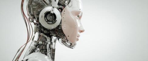 The robotic head with headphones showcasing advanced artificial intelligence technology. photo