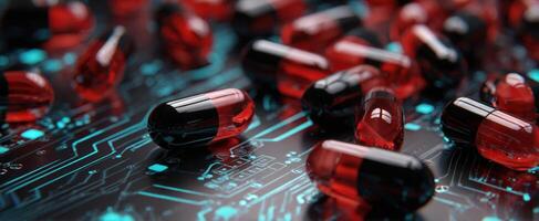 The vibrant combination of capsules on a circuit board background. photo