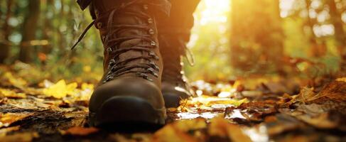 The hiking boots stepping through golden autumn leaves in a serene forest setting. photo
