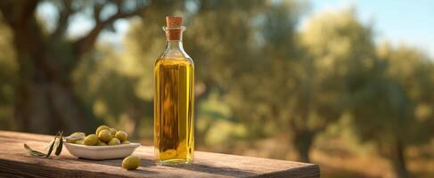 The Olive Oil Bottle Surrounded by Fresh Olives in a Rustic Setting photo