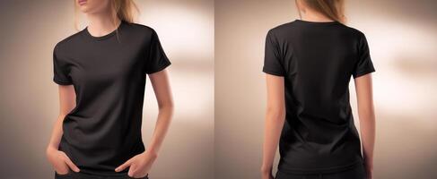 The stylish black t-shirt displayed from front and back angles in a studio setting. photo