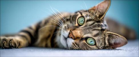 The adorable tabby cat lounging peacefully with striking green eyes. photo