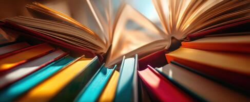 The vibrant collection of open books under warm sunlight. photo