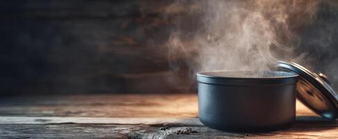 The steaming pot revealed in a rustic kitchen setting. photo