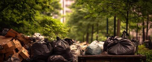 The Overflowing Garbage Bags Amidst Lush Greenery in Urban Setting photo