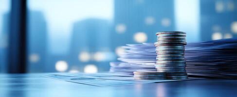 The stack of coins beside paperwork reflects financial growth in a modern office. photo