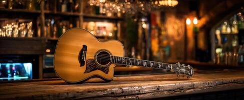 The acoustic guitar elegantly resting on a bar counter in a cozy ambiance. photo