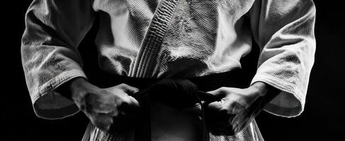 The martial artist adjusting his black belt in a dramatic black and white setting. photo