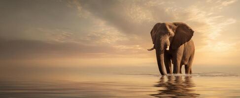 The Majestic Elephant Walking Gracefully Through Calm Waters at Sunset photo