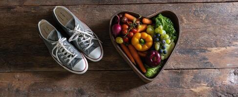 The sneakers beside a heart-shaped bowl of fresh fruits and vegetables. photo