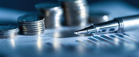 The elegant pen rests beside stacks of coins and financial documents. photo
