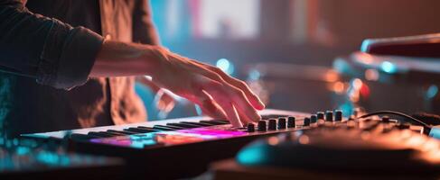 The musician skillfully plays a keyboard in a colorful studio setting. photo