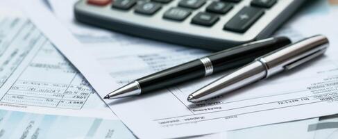 The calculator and pens on financial documents for business analysis. photo