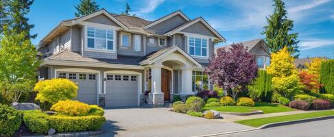 The Beautiful Suburban Home Surrounded by Lush Landscaping and Blue Skies photo