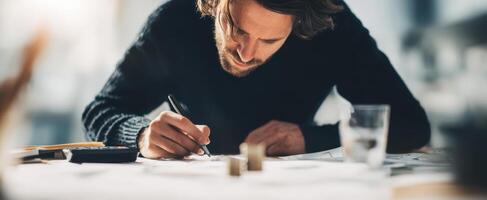 The man focused on writing and creating new ideas in a modern workspace. photo