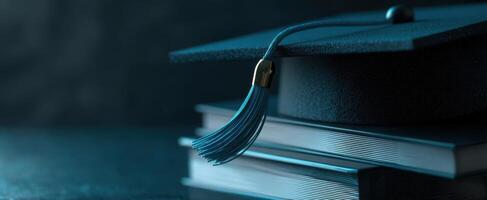 The graduation cap and books symbolizing academic achievement and future success. photo