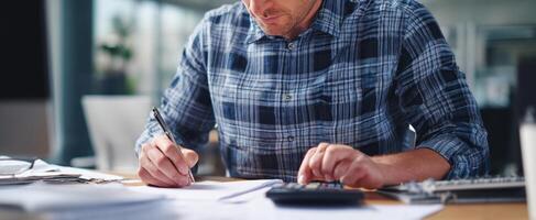 The man writing notes while using a calculator in a modern office setting. photo