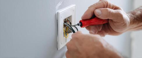 The electrician repairing an electrical socket with a screwdriver in a home setting. photo