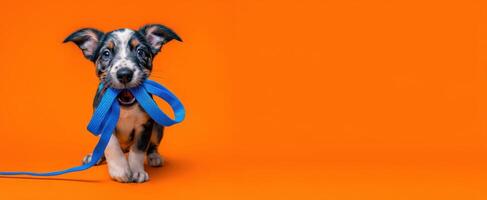 The playful puppy eagerly holding a blue leash in its mouth. photo