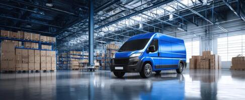 The blue delivery van parked in a modern warehouse with stacked boxes. photo