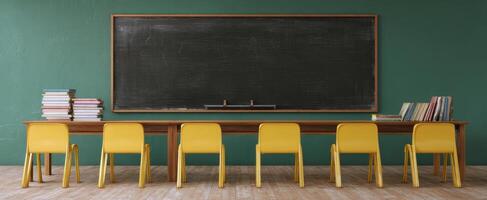 The vibrant classroom featuring yellow chairs and a large chalkboard backdrop. photo