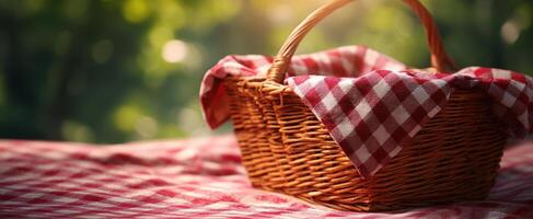 The charming picnic basket draped with a checkered cloth in a sunny garden. photo