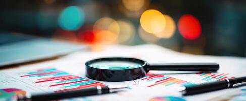 The magnifying glass highlighting important data on financial charts and reports. photo