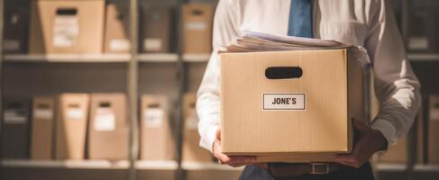 The professional holding a cardboard box filled with important documents in an office setting photo