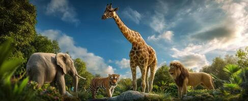 The majestic gathering of exotic African wildlife in a serene natural setting. photo