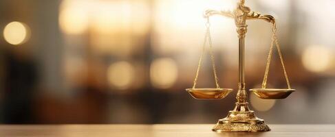 The Elegant Golden Scales of Justice Against a Soft Blurred Background. photo