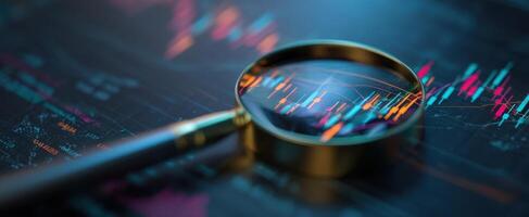 The magnifying glass highlighting financial trends in a digital stock market analysis. photo