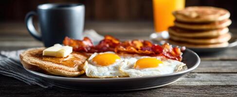 The delicious breakfast plate featuring eggs, bacon, pancakes, and coffee. photo