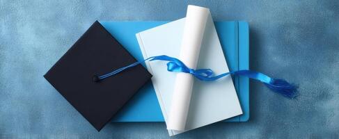 The graduation cap and diploma on a blue textured background. photo