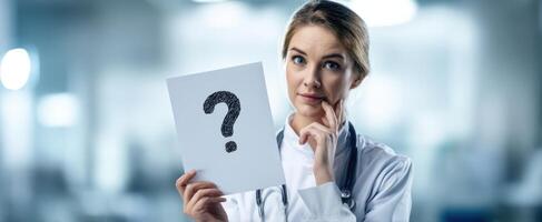 The doctor holding a question mark sign while expressing uncertainty in a medical setting. photo
