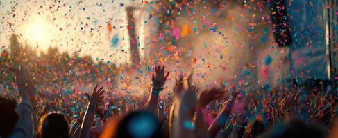The Joyful Crowd Celebrating Under a Colorful Rain of Confetti at Sunset photo