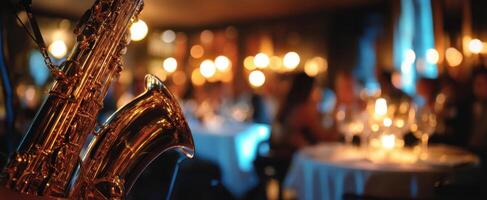The saxophone shining amidst a vibrant dining atmosphere at night. photo