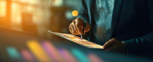 The professional analyzing data with a tablet in a modern office setting. photo
