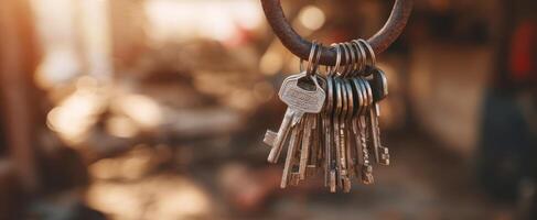 The keys hanging on a vintage ring in a rustic workshop setting. photo