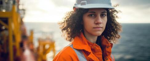 The determined woman in safety gear on an offshore platform by the sea. photo