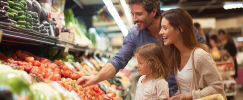 The family enjoying time together while shopping for fresh produce in a supermarket. photo