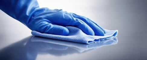 The hand actively cleaning a shiny surface with a microfiber cloth. photo