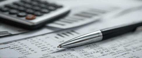 The calculator and pen surrounded by financial documents and analysis papers. photo