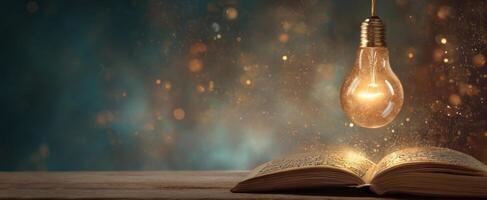 The glowing light bulb illuminating an open book of knowledge and imagination. photo