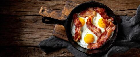 The delicious breakfast skillet with eggs and crispy bacon sizzling. photo