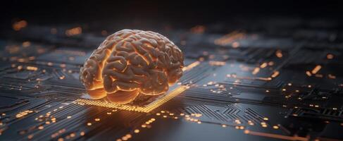 The brain represents artificial intelligence on a futuristic circuit board photo
